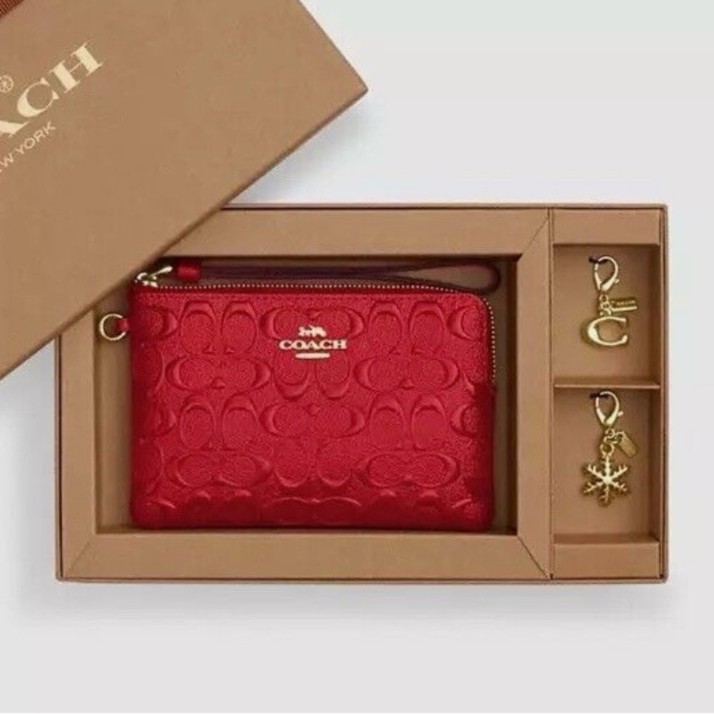 Coach Boxed Electric Red Signature Leather Corner Zip Wristlet Clutch Wallet